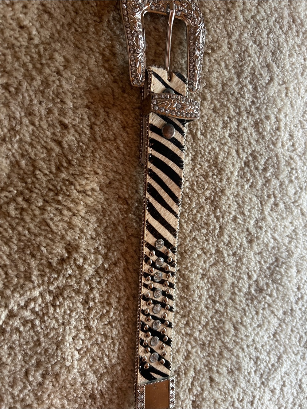 Stony Mound Black and White Zebra Haircalf Crystal-Studded Belt
